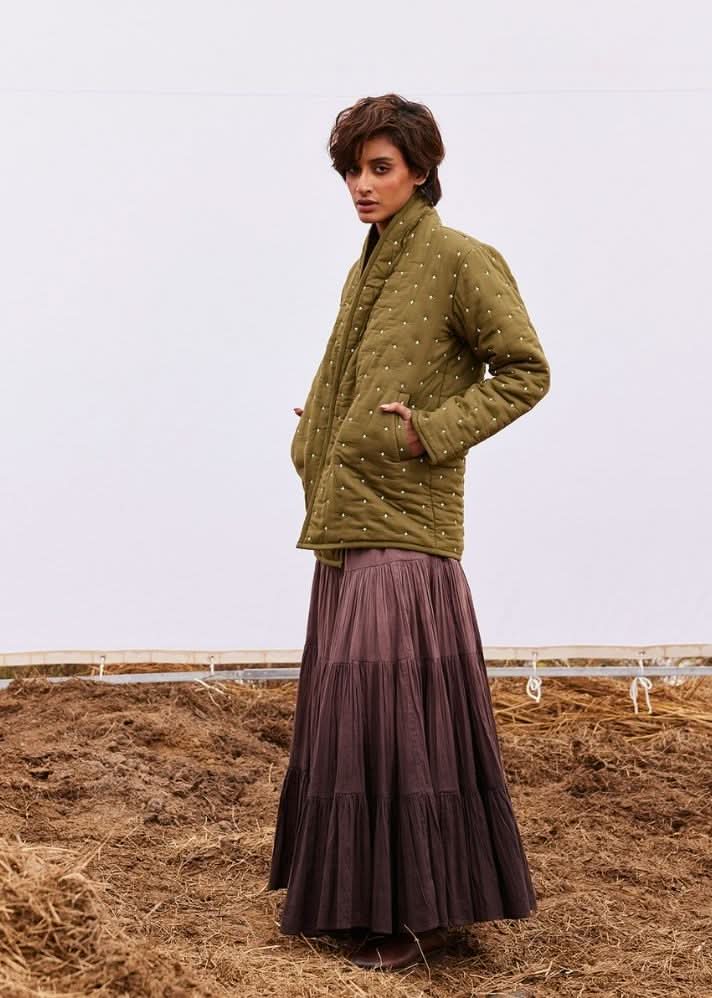 A Model Wearing Olive Pure Cotton Clove Jacket curated by Only Ethikal