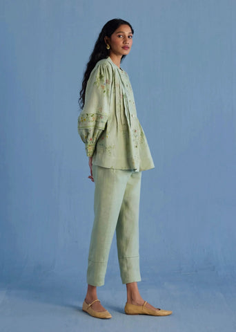 Akavi Pleated Floral Linen Co-Ord Set-Mint