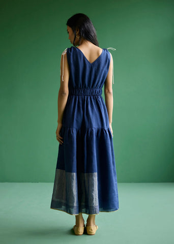 Aria Metallic Linen Dress- Navy