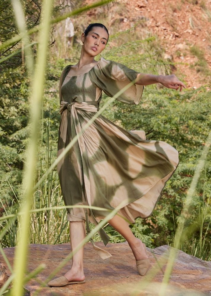 A Model Wearing Multicolor,Pure Cotton Far Away Midi Dress curated by Only Ethikal