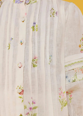 Kids Akavi Pleated Floral Linen Shirt- White