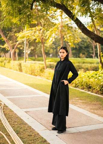 A Model Wearing Black Wool Alaska Set- Black, curated by Only Ethikal