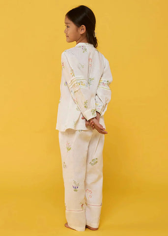 Kids Akavi Pleated Floral Linen Shirt- White