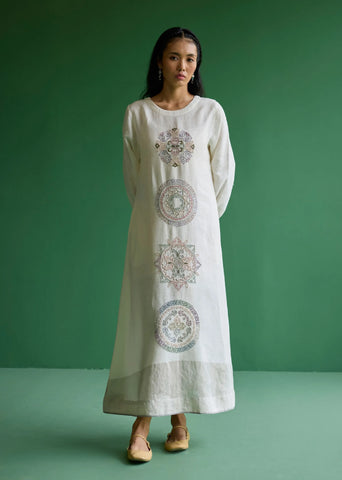 A Model Wearing Ivory  Linen Eira Hand-Embroidered Linen Dress- Ivory, curated by Only Ethikal