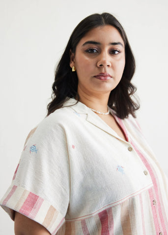 A Model Wearing Off White Handwoven Cotton The Reef Shore Off-White Shirt, curated by Only Ethikal