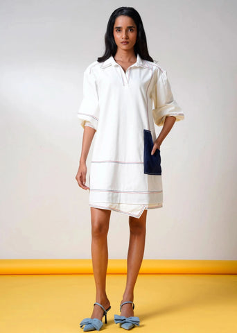 A Model Wearing Multicolor Handloom Cotton  Malik Dream Cotton Denim Dress, curated by Only Ethikal