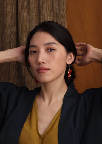 A Model Wearing Gold 18k Gold plated over brass Coral Gold Chandelier Earrings, curated by Only Ethikal