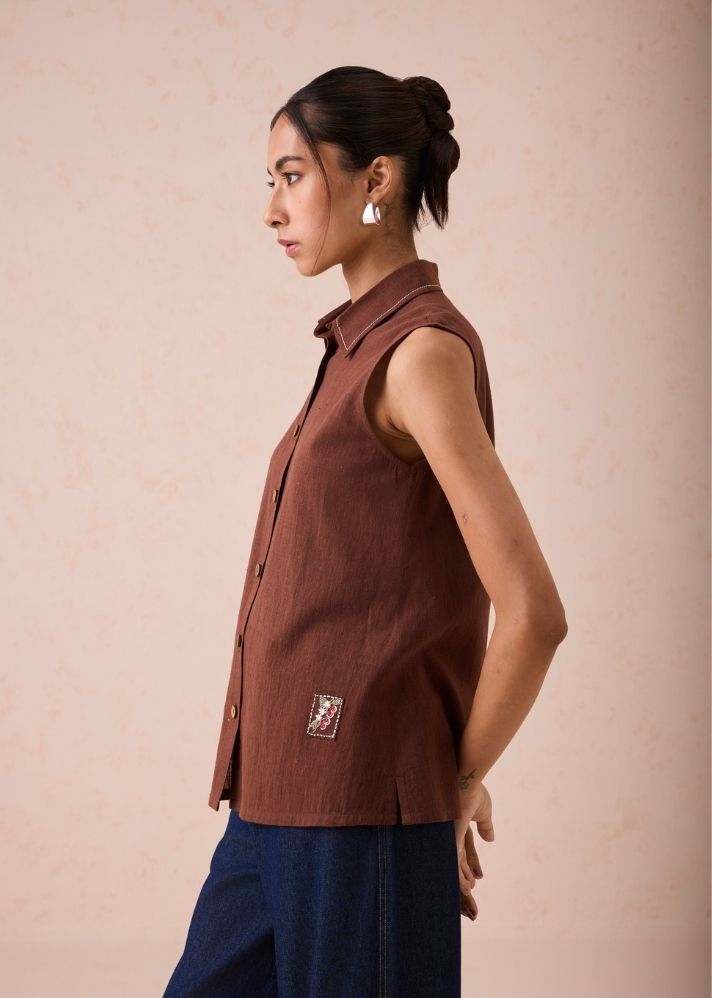 A Model Wearing Brown Handwoven Cotton The Cocoa Handspun Handwoven Organic Cotton Sleeveless Shirt, curated by Only Ethikal