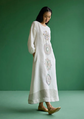 Eira Hand-Embroidered Linen Dress- Ivory