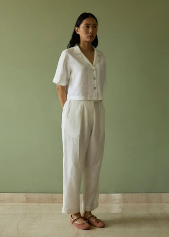 Kiera Cuban Collar Linen Shirt- Ivory