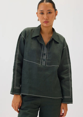 Linen Green Top Stitch Top