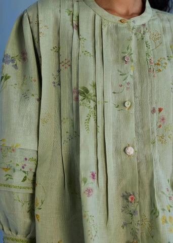 Akavi Pleated Floral Linen Co-Ord Set-Mint