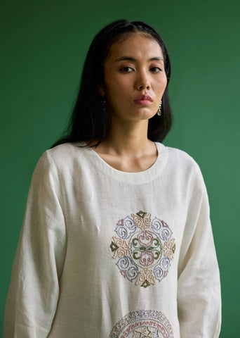 Eira Hand-Embroidered Linen Dress- Ivory
