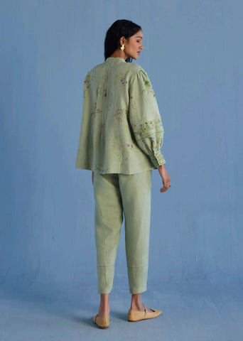 Akavi Pleated Floral Linen Co-Ord Set-Mint