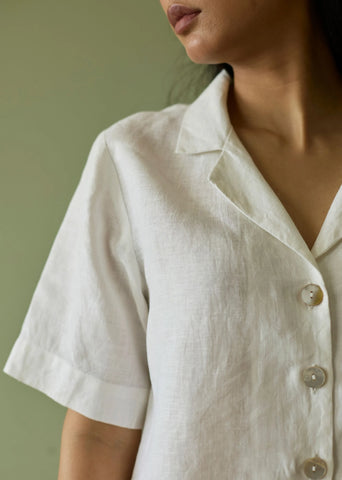 Kiera Cuban Collar Linen Shirt- Ivory