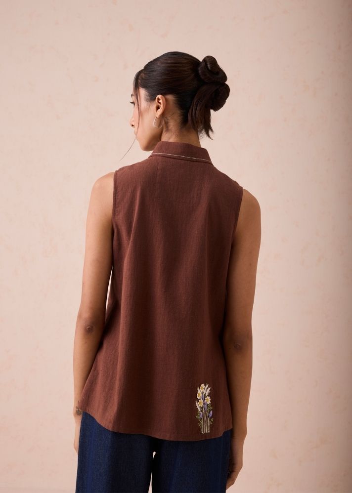 A Model Wearing Brown Handwoven Cotton The Cocoa Handspun Handwoven Organic Cotton Sleeveless Shirt, curated by Only Ethikal