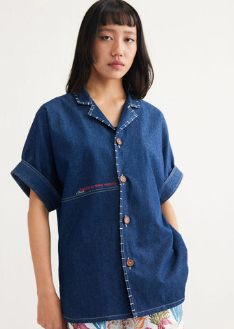 A Model Wearing Blue Cotton Denim Ocean Morning Sustainable Denim Blue Shirt, curated by Only Ethikal