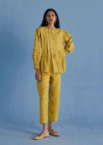 Akavi Pleated Floral Linen Co-Ord Set-Ochre
