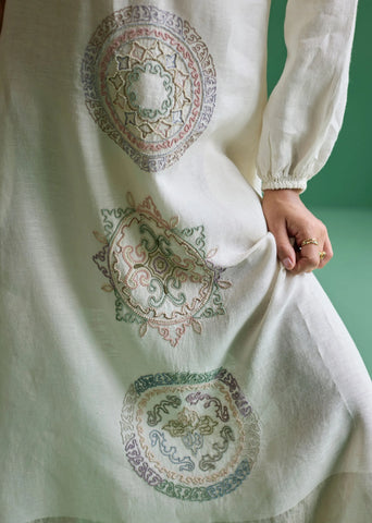 Eira Hand-Embroidered Linen Dress- Ivory