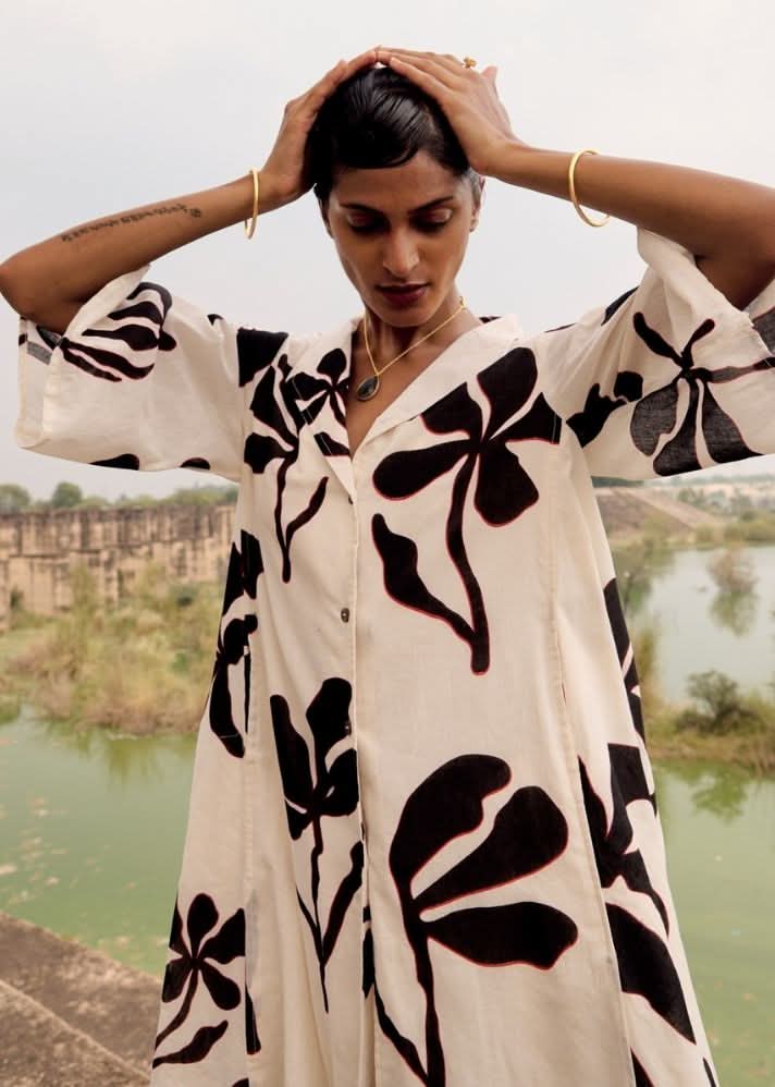 A Model Wearing Multicolor,Pure Cotton Sunbird Maxi Dress curated by Only Ethikal