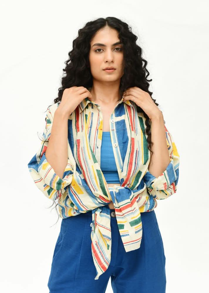 A Model Wearing Multicolor Organic Cotton Knotted Shirt Style , curated by Only Ethikal