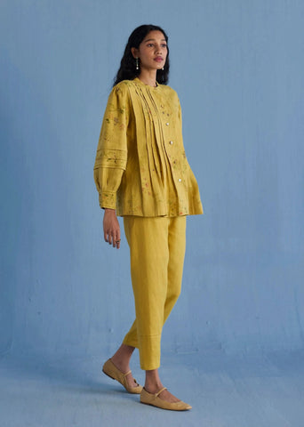 Akavi Pleated Floral Linen Co-Ord Set-Ochre