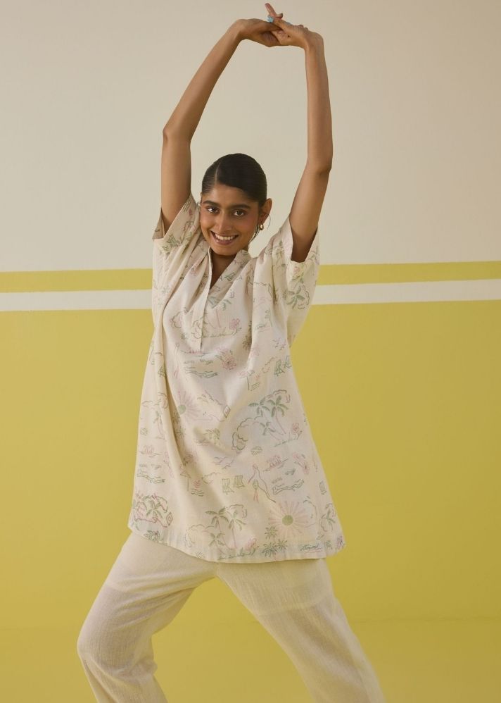 A Model Wearing Multicolor Handwoven Organic Cotton Summer Joy Organic Cotton Kurta Top, curated by Only Ethikal