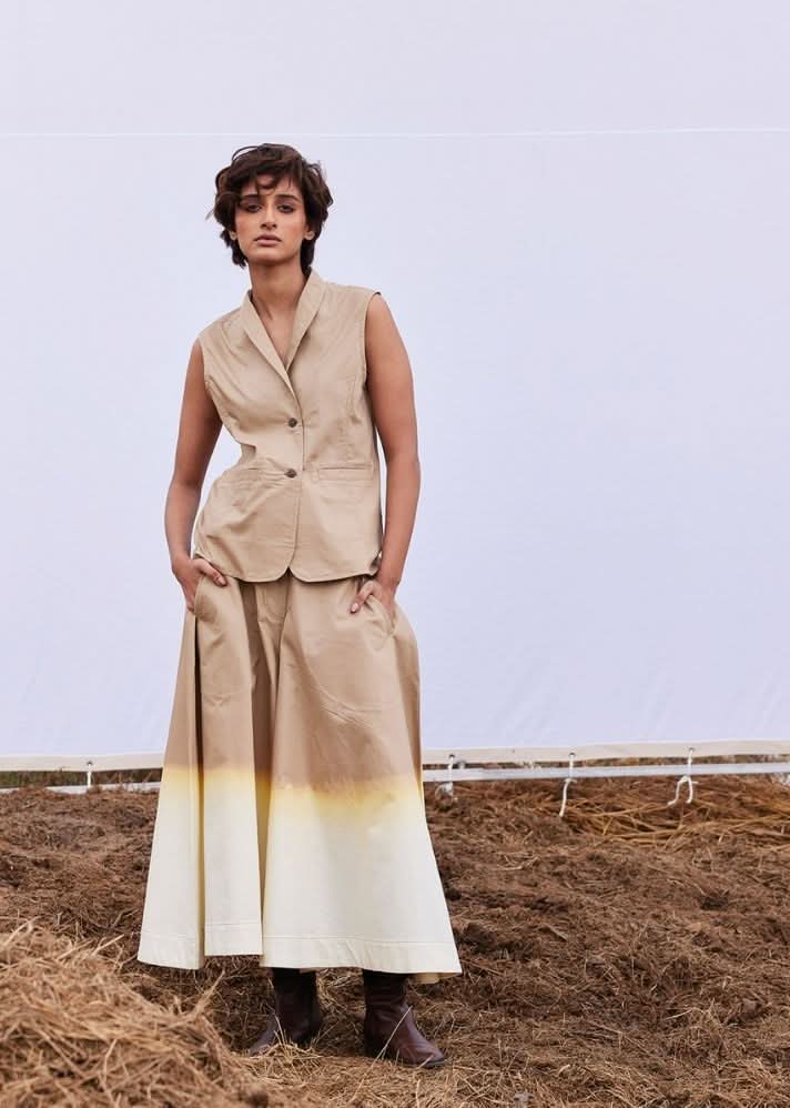 A Model Wearing Beige Pure Cotton Smoke Co-ord Set,curated by Only Ethikal