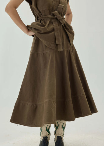 Midi Olive Umbrella Skirt