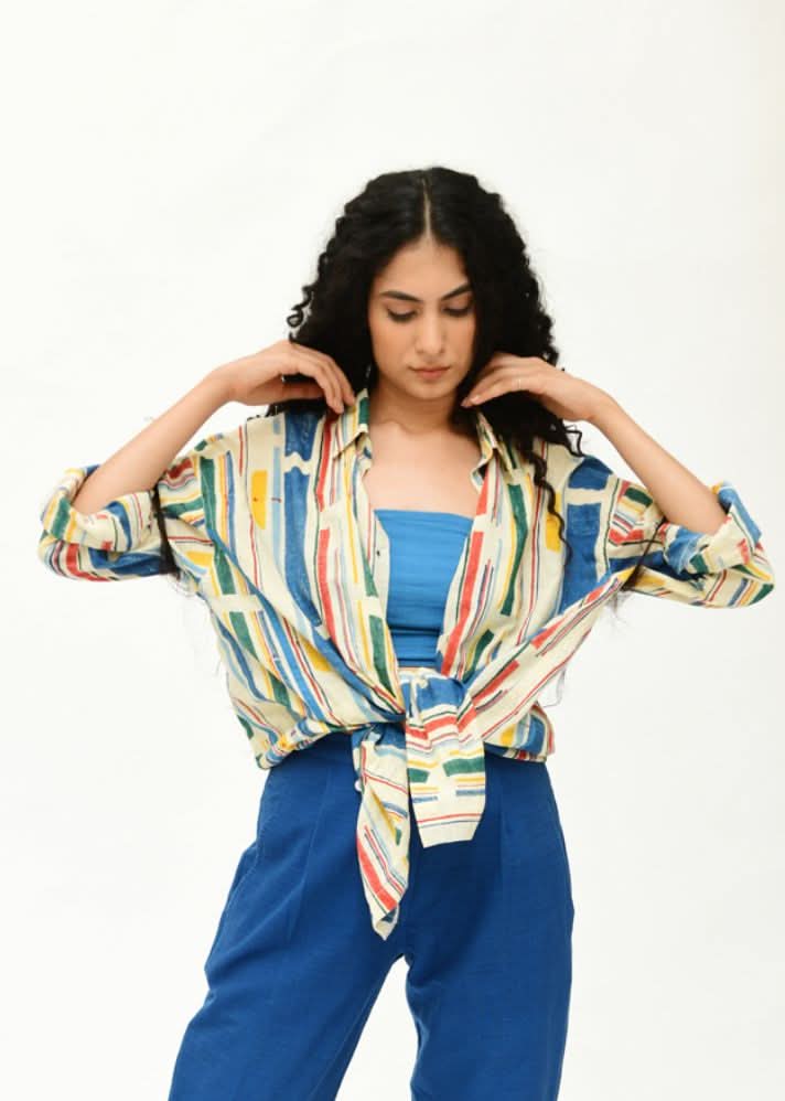 A Model Wearing Multicolor Organic Cotton Knotted Shirt Style , curated by Only Ethikal