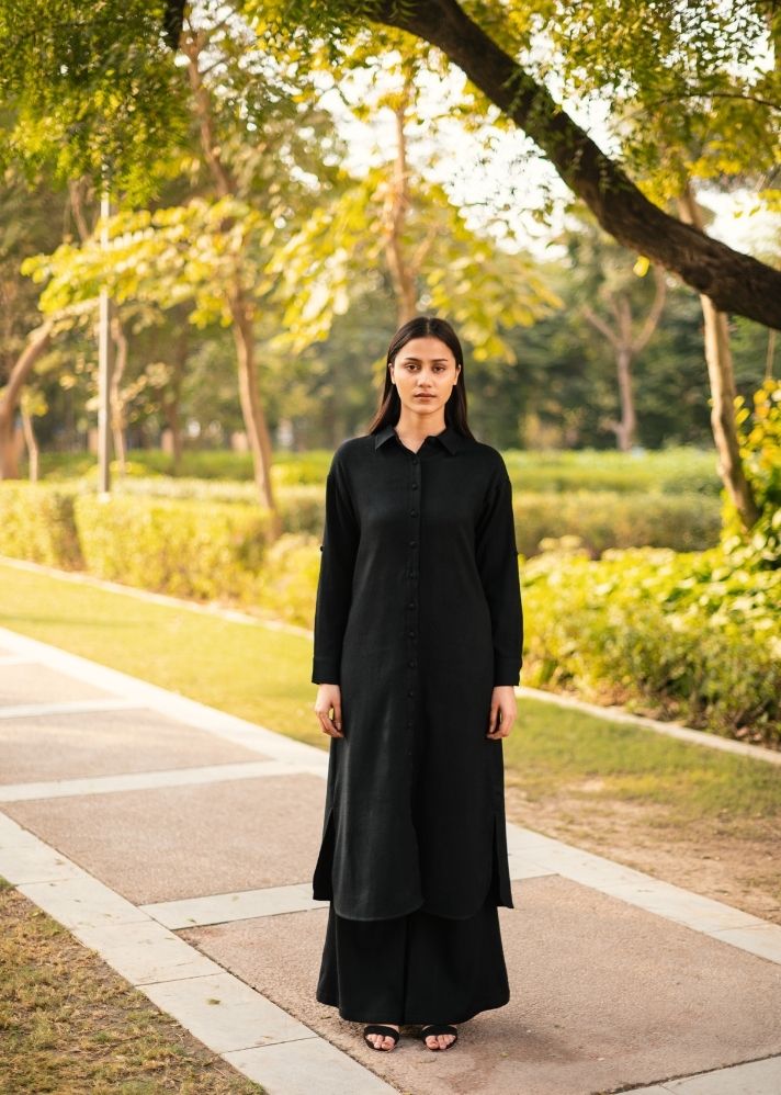 A Model Wearing Black Wool Persian Lily, curated by Only Ethikal