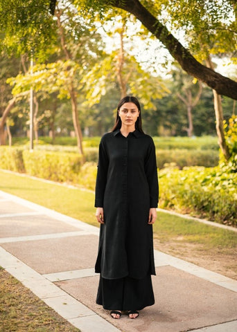 A Model Wearing Black Wool Persian Lily, curated by Only Ethikal