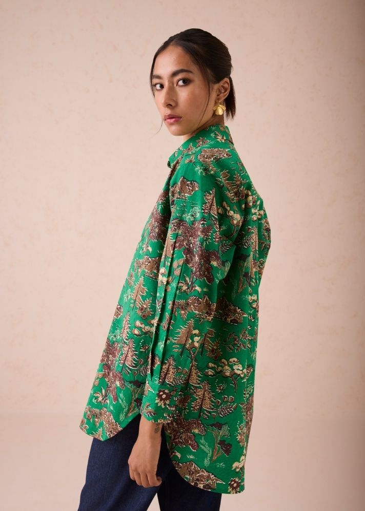 A Model Wearing Green Poplin Emerald Fields Classic Organic Cotton Shirt, curated by Only Ethikal