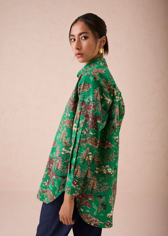 A Model Wearing Green Poplin Emerald Fields Classic Organic Cotton Shirt, curated by Only Ethikal
