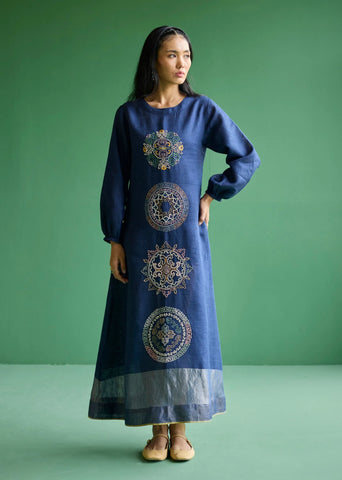 A Model Wearing Ivory  Linen Eira Hand-Embroidered Linen Dress- Navy, curated by Only Ethikal