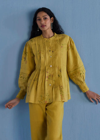 Akavi Pleated Floral Linen Co-Ord Set-Ochre