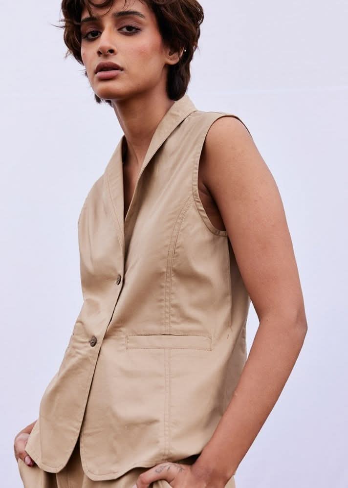 A Model Wearing Beige Pure Cotton Smoke Co-ord Set,curated by Only Ethikal