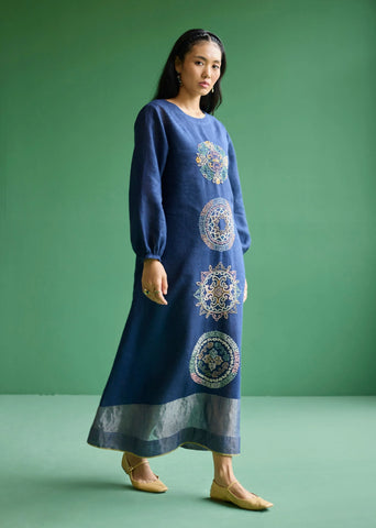 Eira Hand-Embroidered Linen Dress- Navy