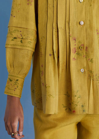 Akavi Pleated Floral Linen Co-Ord Set-Ochre