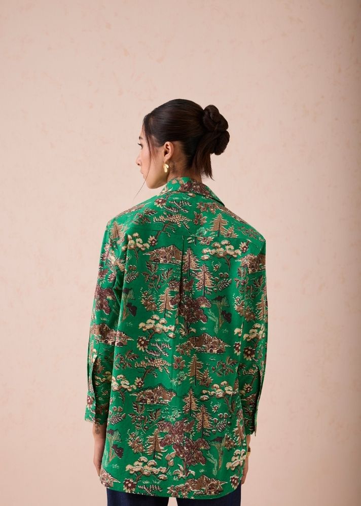 A Model Wearing Green Poplin Emerald Fields Classic Organic Cotton Shirt, curated by Only Ethikal