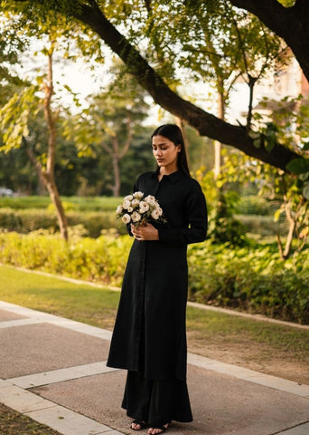 A Model Wearing Black Wool Persian Lily, curated by Only Ethikal