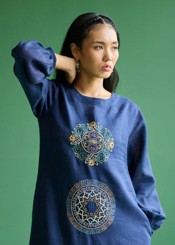 Eira Hand-Embroidered Linen Dress- Navy
