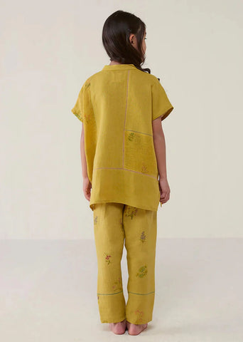 Kids Aboli Patchwork Linen Shirt- Ochre