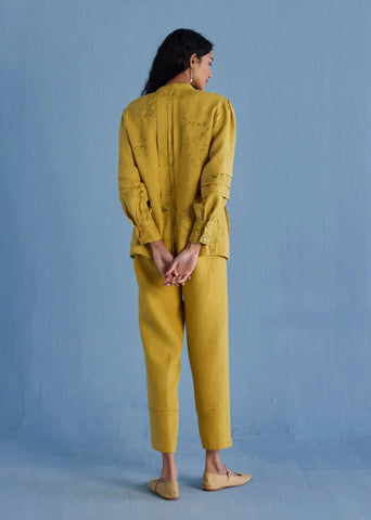 Akavi Pleated Floral Linen Co-Ord Set-Ochre