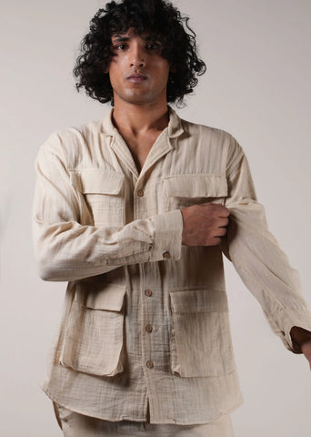 Men'S Pocket Crush Cotton Cream Shirt