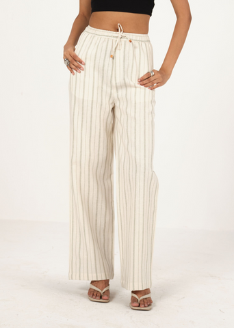 Linen Striped Band Collar Top & Pant Co-Ord Set