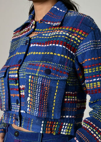 A Model Wearing Multicolor Handwoven Cotton Recycle Ashai Jacket, curated by Only Ethikal