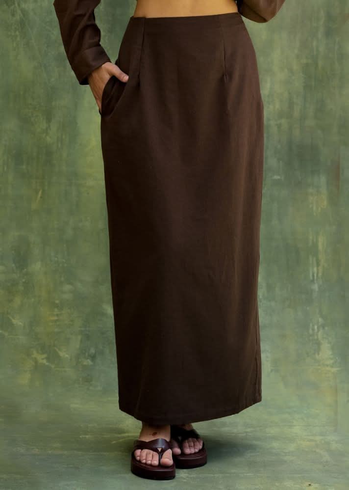 A Model Wearing Brown
 Upcycled Fabric Abby Brown Skirt, curated by Only Ethikal