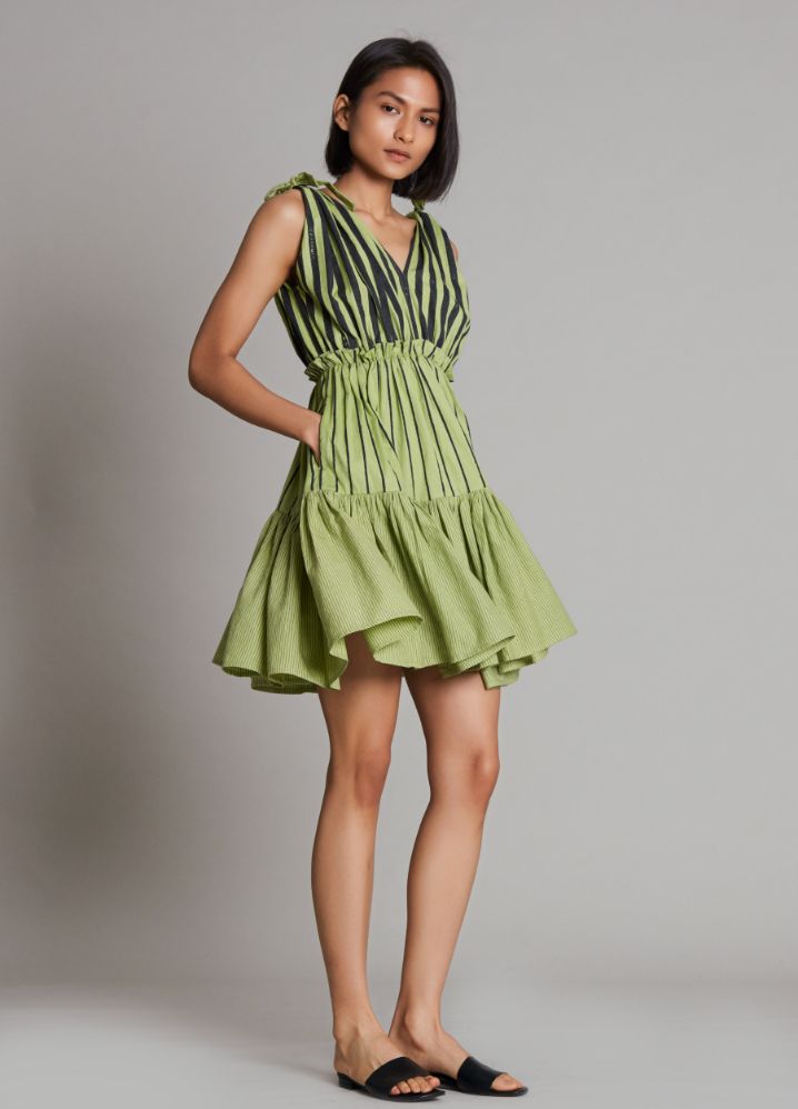 A Model Wearing  Green Pure Cotton Lakeerein Green Frill Dress, curated by Only Ethikal