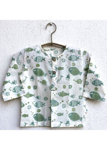 Unisex Organic Fish Print Kurta & Mint Pants